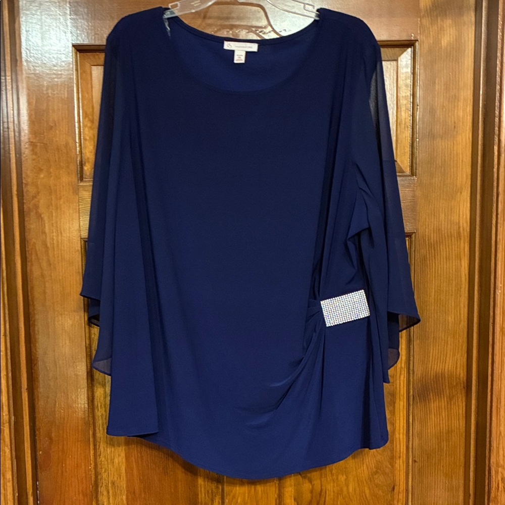 DB Established 1962 Size 3X Elegant Blue Blouse w/ Rhinestone Waist Cinch (ABBA)